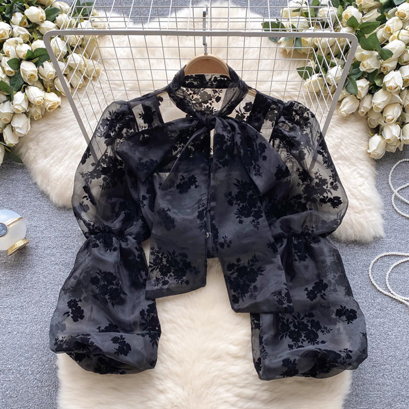 【tops】タイカラー長袖レースブラウスF8031