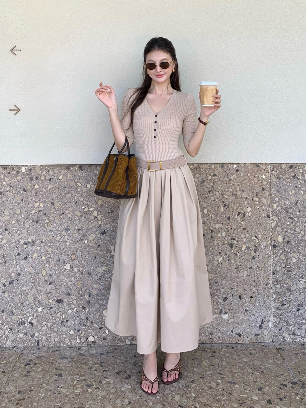 【dress】半袖ニットドッキングロングワンピース Q8920