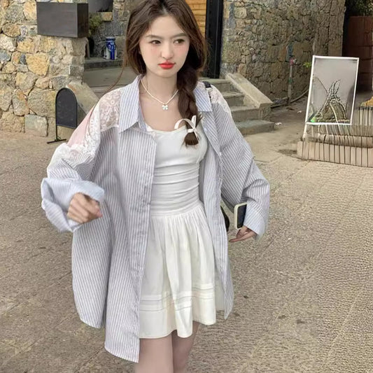 【tops】ストライプ柄レースブラウスF8048