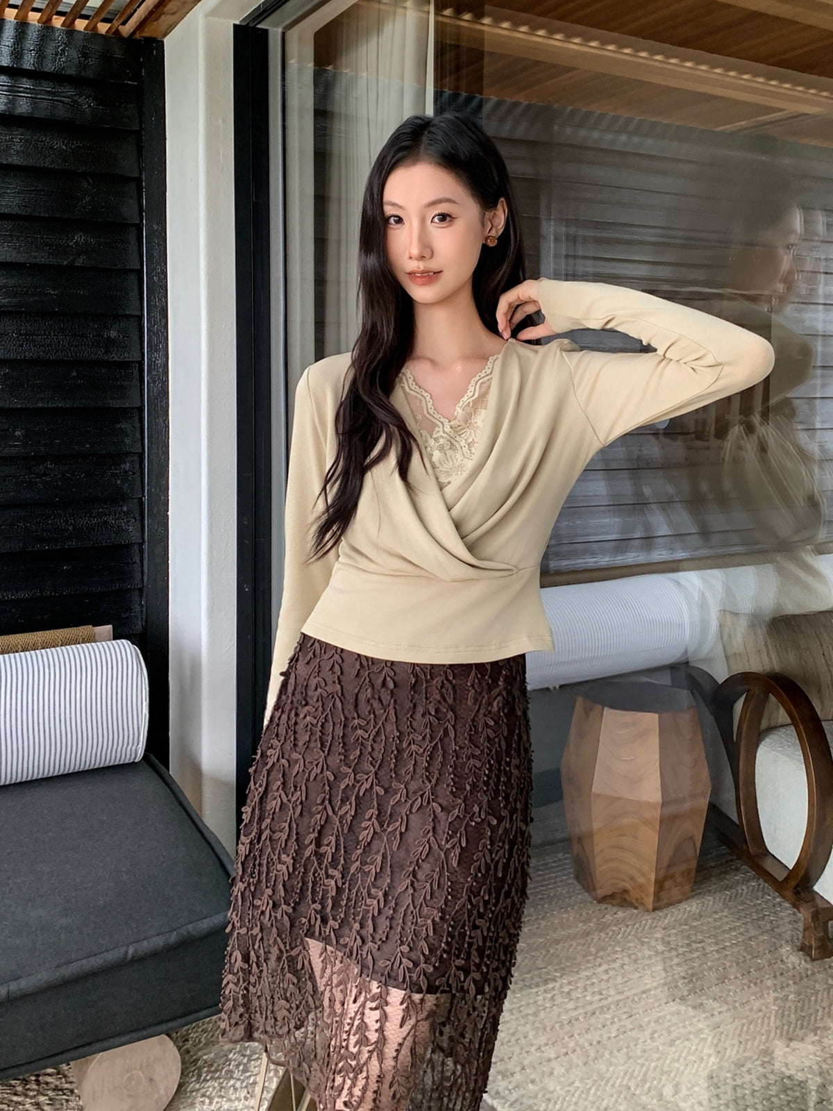 【tops】レースドッキングクロスネックトップス Q8923
