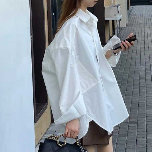 【tops】ポロカラー長袖ゆったりブラウスF7931