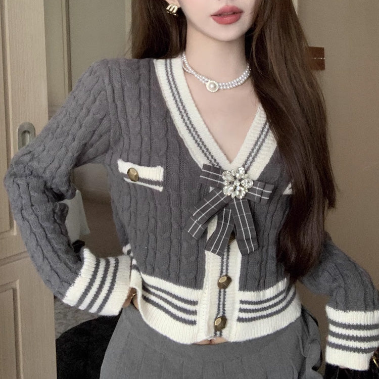 【outer】Vネック長袖ニットカーディガンF8298