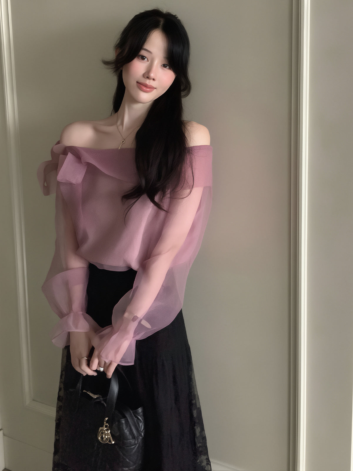【tops】リボン付きオフショルダートップス Q8706