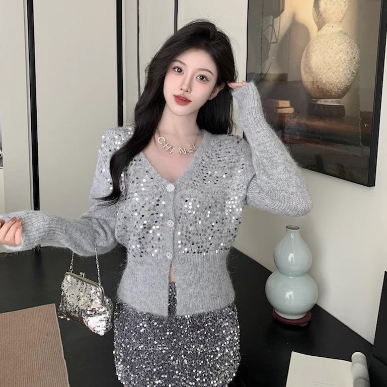 【outer】Vネック長袖ニットカーディガンF8308