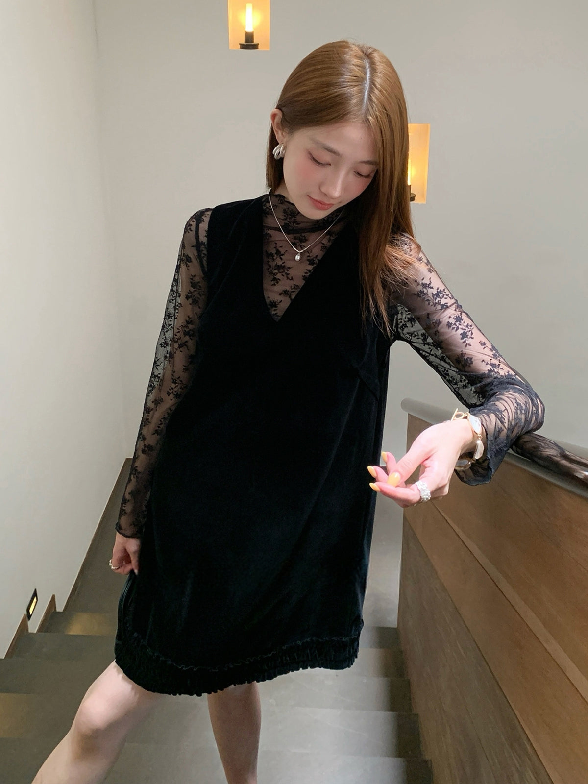 【set】レーストップス×ベストワンピースセット Q9036