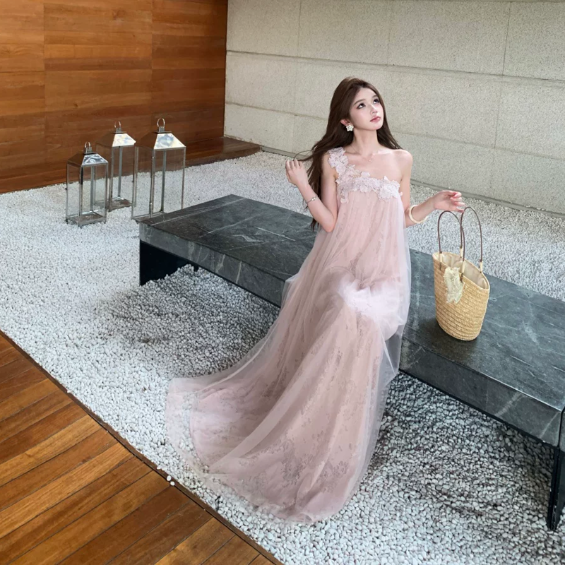 【dress】ワンショルダーレースドッキングチュールワンピース K0558