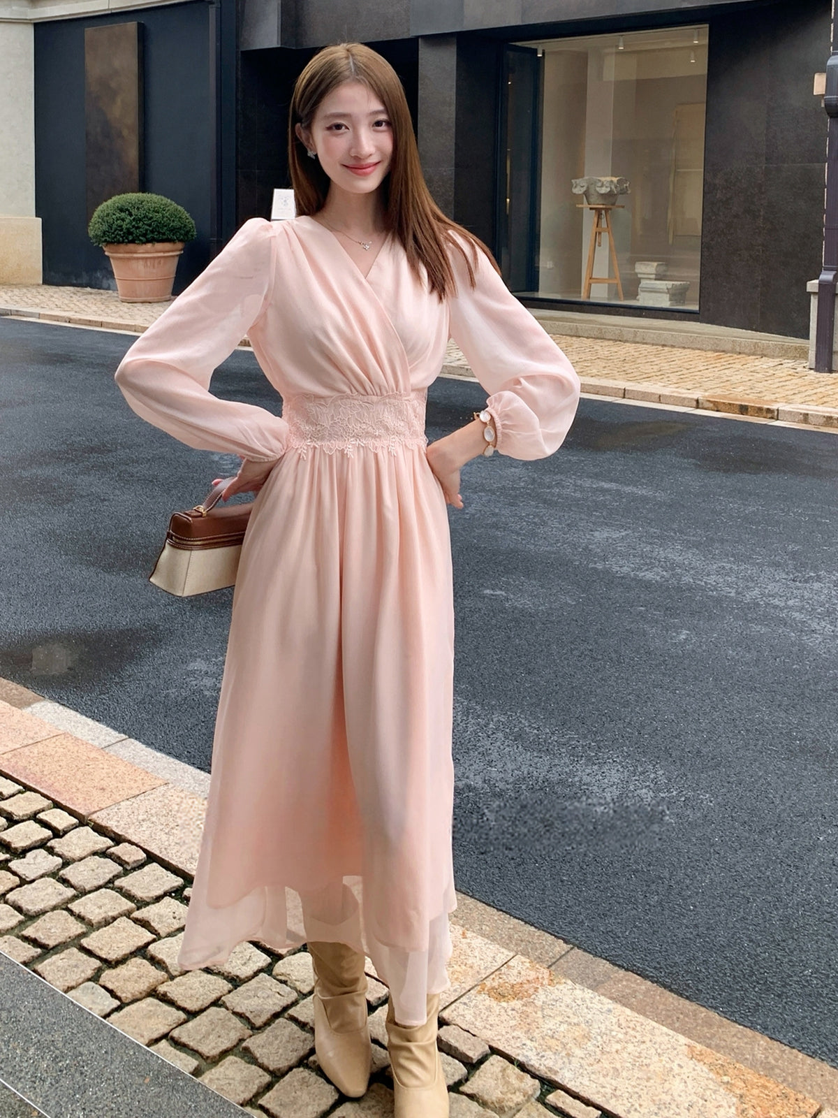 【dress】レースドッキングロングワンピース Q8932