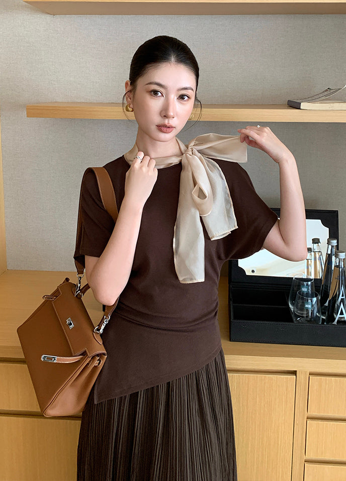【tops】スカーフネック半袖ニットトップス Q8943