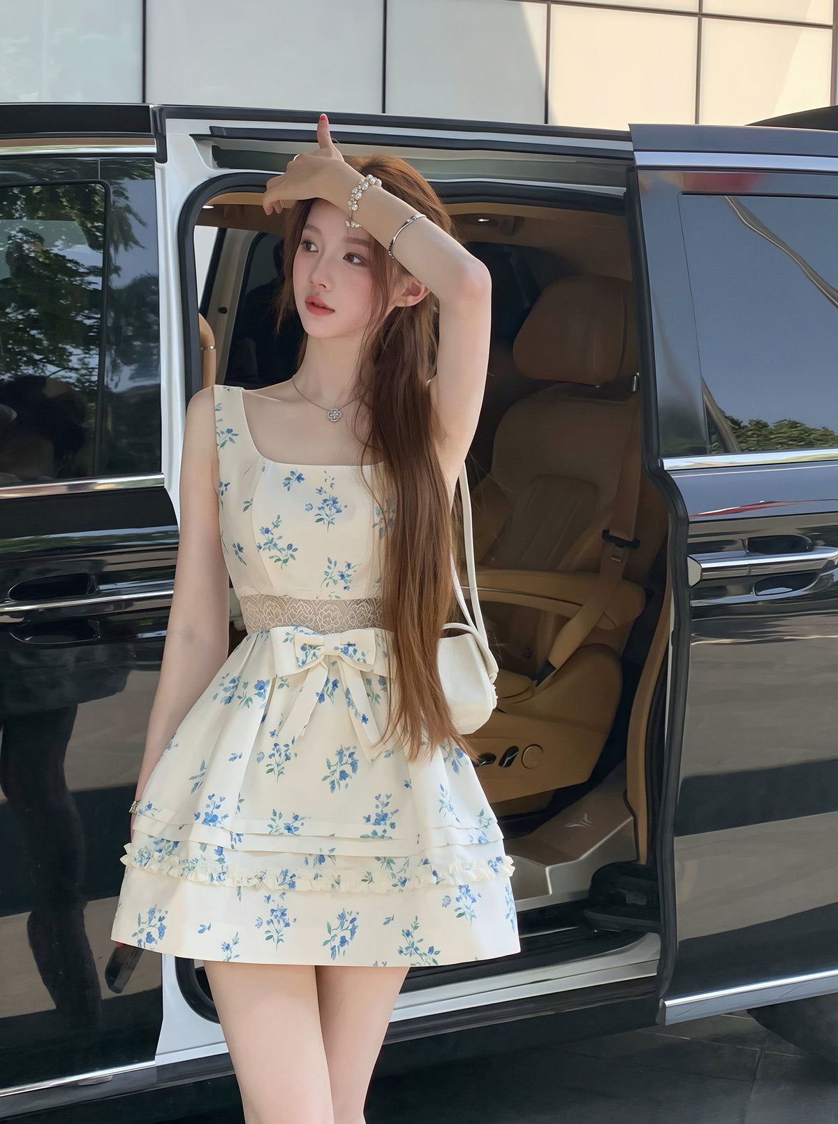 【dress】フラワー柄レースドッキングワンピース Q8757