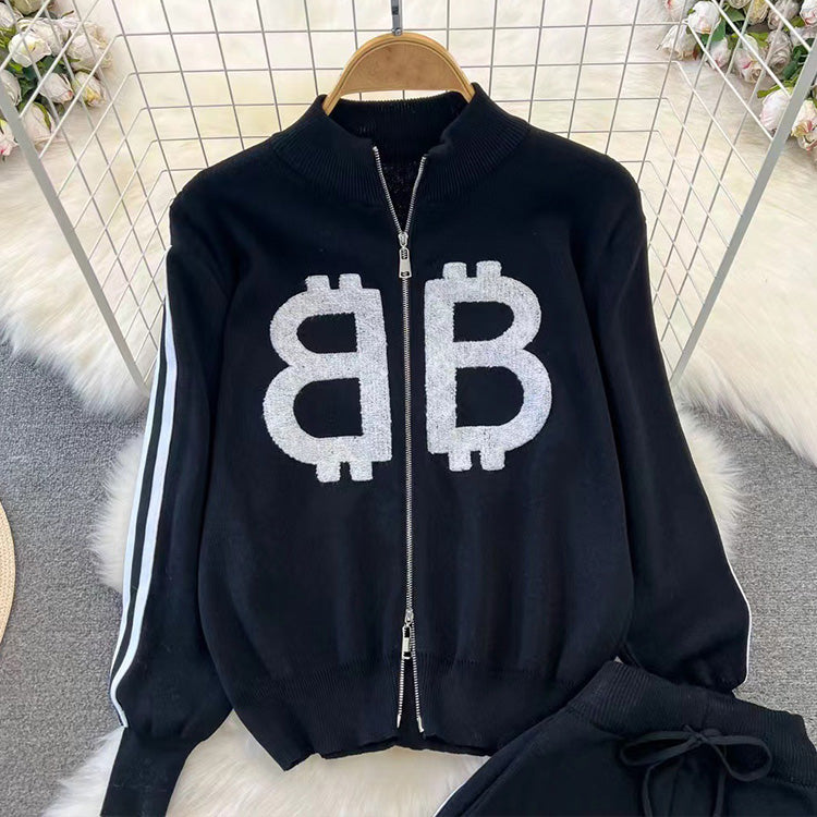 【set】2色ファスナージャケット＋ガウチョパンツニット2点セットF8204