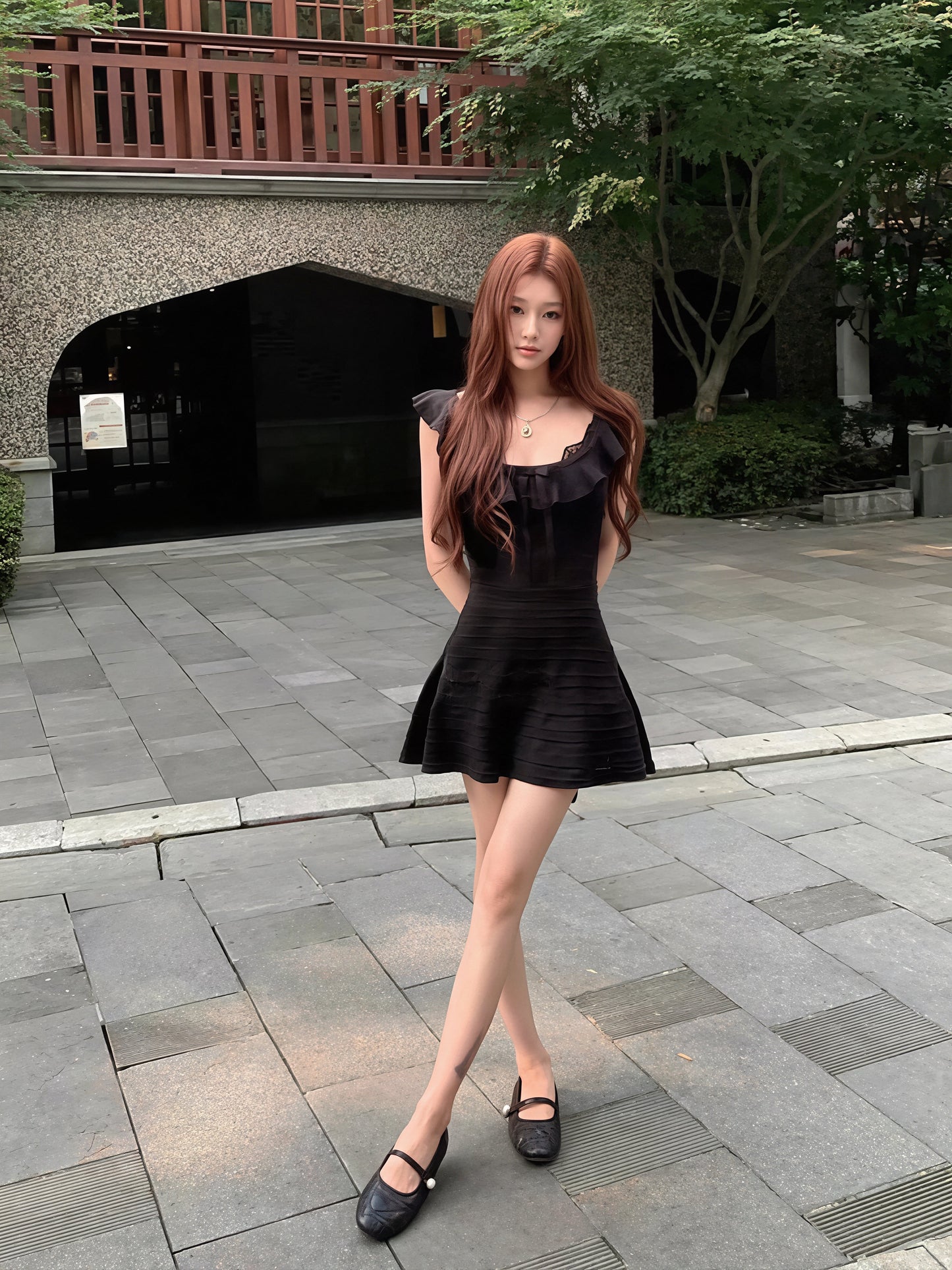 【dress】フリルネック透かしキャミワンピース Q8830