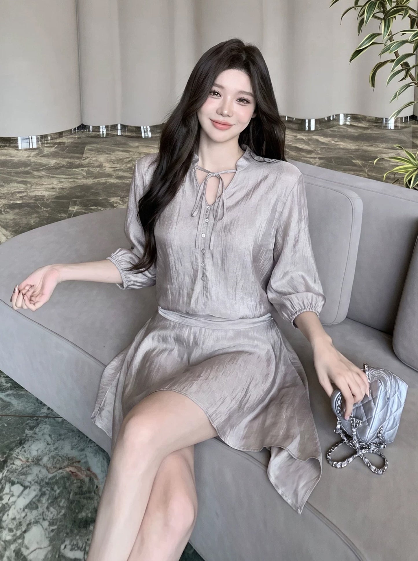 【dress】七分袖リボン付きワンピース Q8917