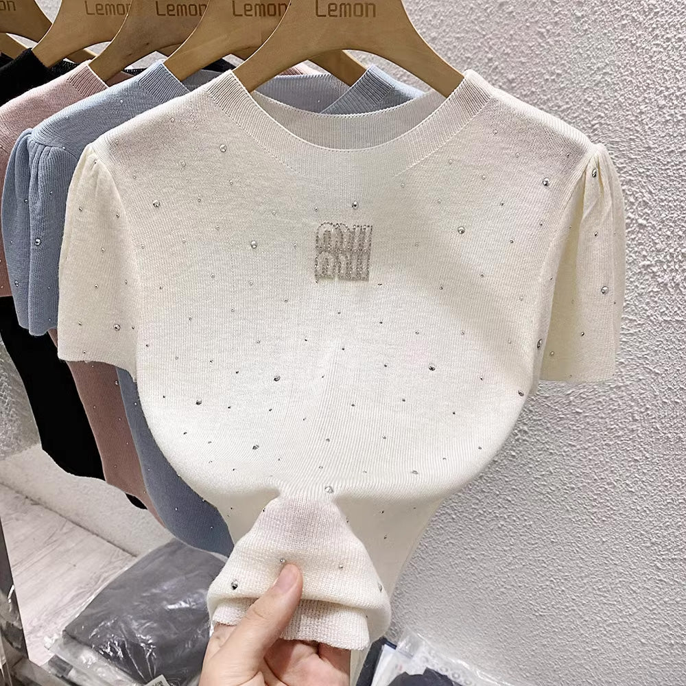 【tops】4色半袖ニットTシャツF7867