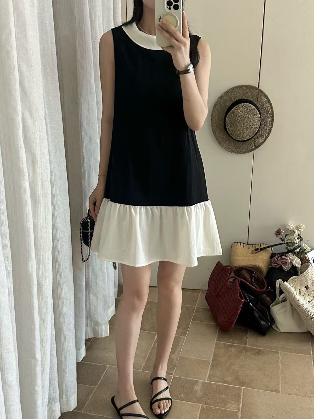 【dress】ノースリーブ襟付き配色ワンピース Q8712