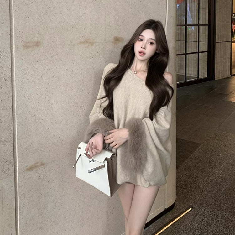 【tops】ファー長袖ニットセーターF8421