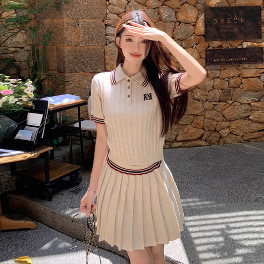 【set】POLOネックTシャツ+プリーツスカート２点セットF7773