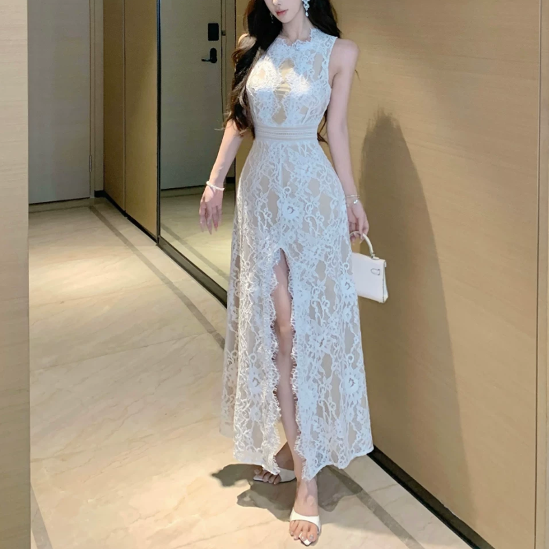 【dress】バックオープンスリットレースワンピース　M32516
