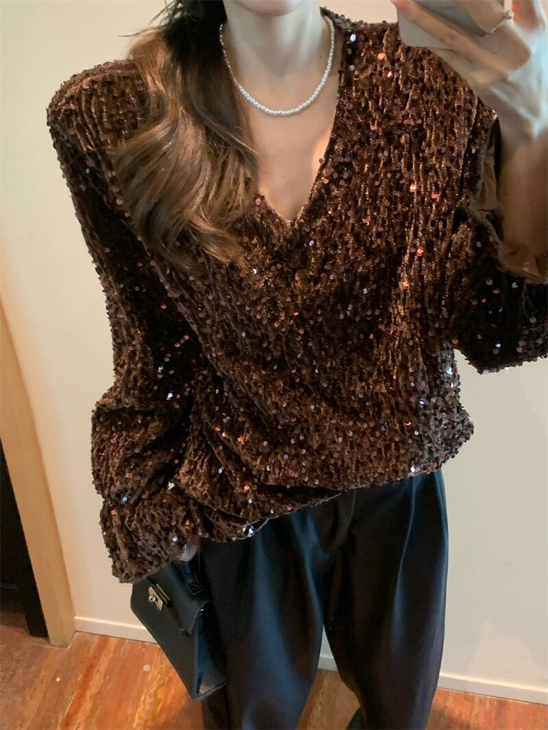 【tops】スパンコールVネックトップス　M28576