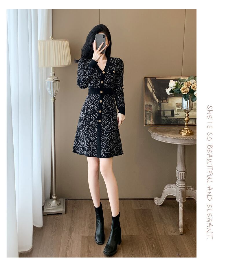 【dress】ジャカードVネックニットワンピース　M27683