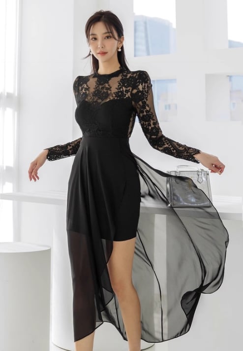 【dress】スタンドネックレース切り替えメッシュワンピース G21492