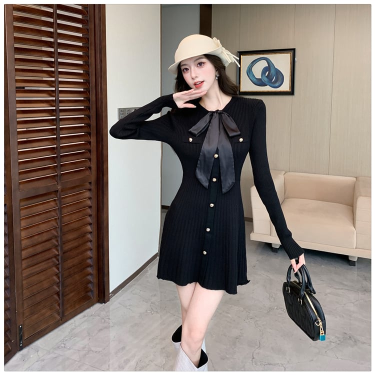 【dress】リボン付きニットワンピース　M28581