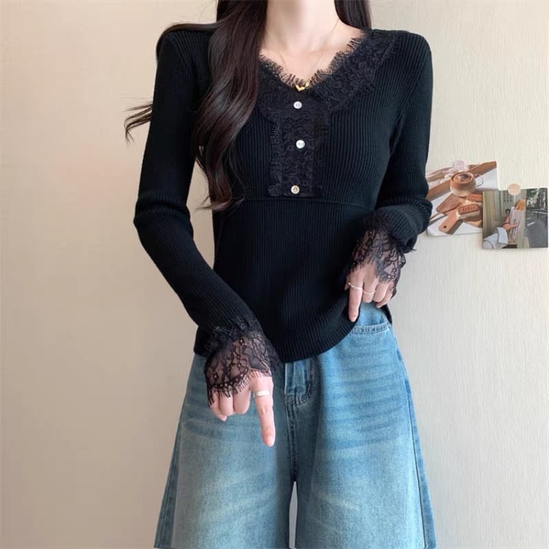 【tops】レースドッキングニットトップス Q7780