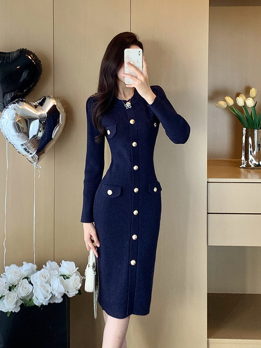 【dress】ボタンデザインニットワンピース　M28382