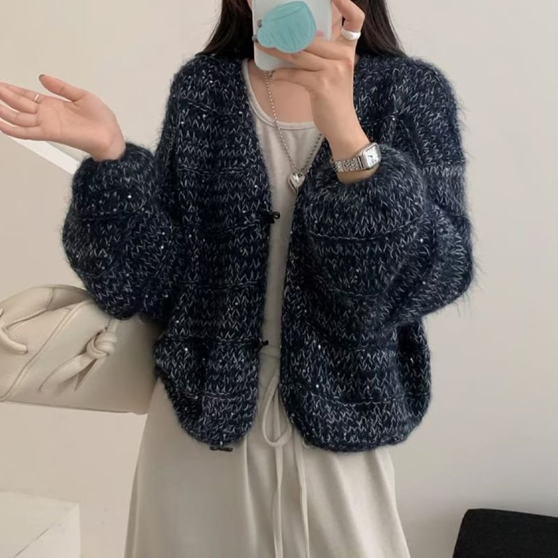 【outer】スパンコール付きニットカーディガン Q8121