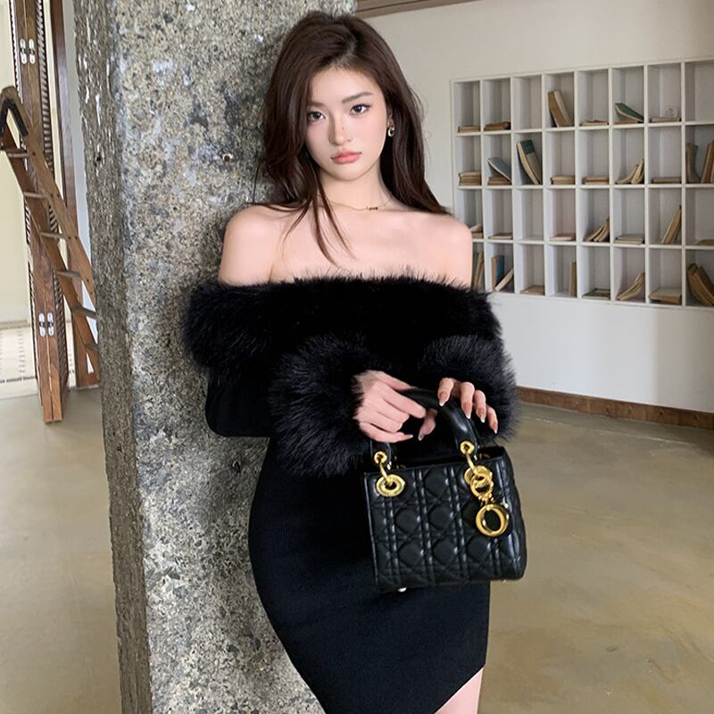【dress】ファー付きオフショルダーワンピース Q6918