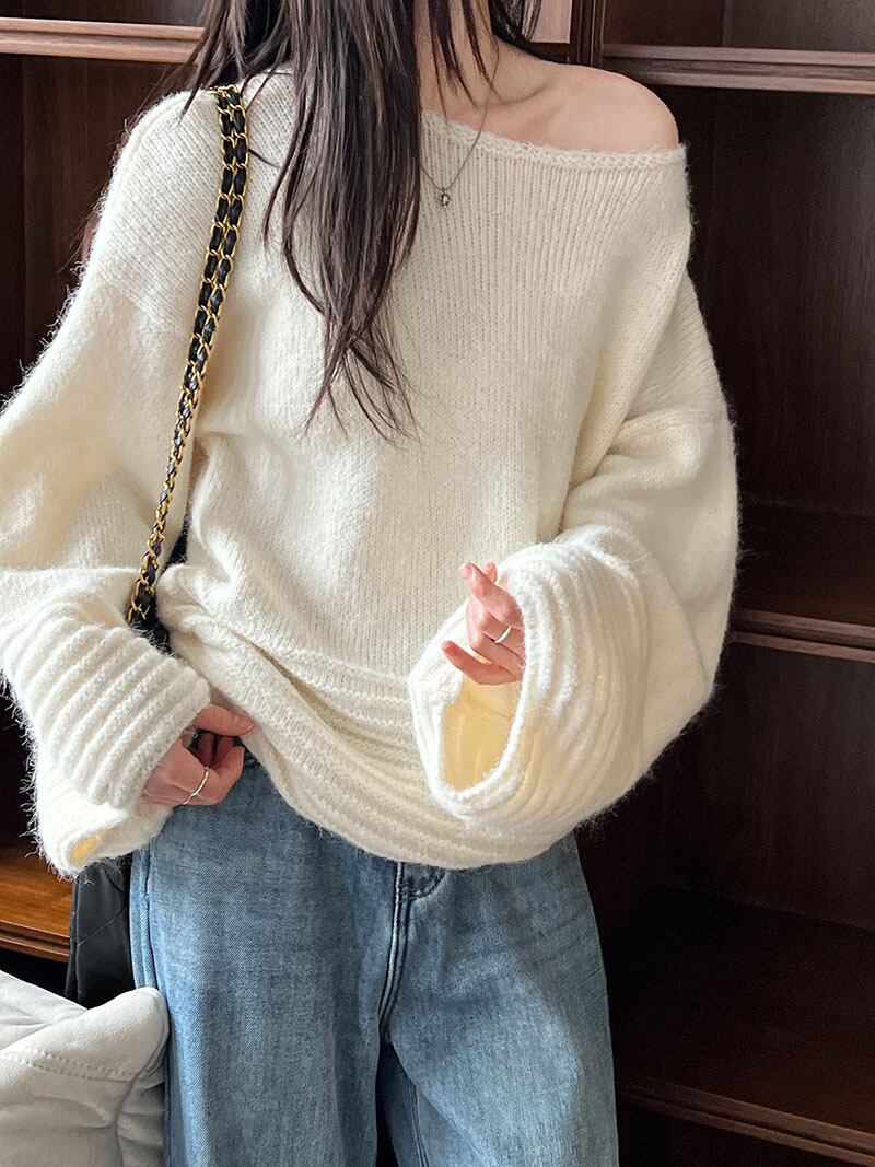 【tops】オフショルダーバルーンスリーブニットトップス　N2911