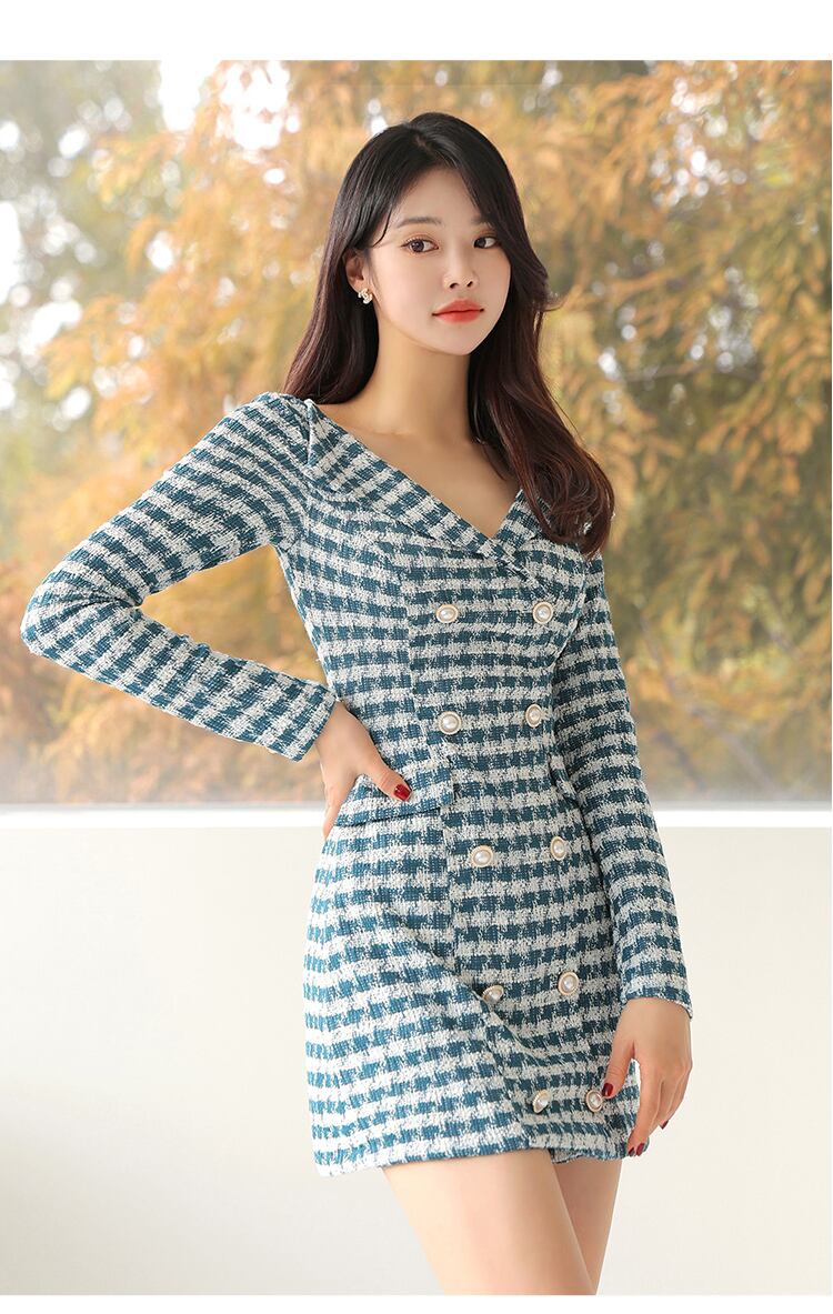 【dress】Vネック長袖ツイードワンピース G19174