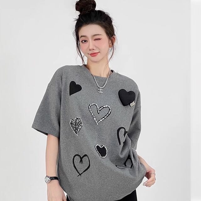 【tops】ラウンドネック半袖ハート柄ＴシャツF7313