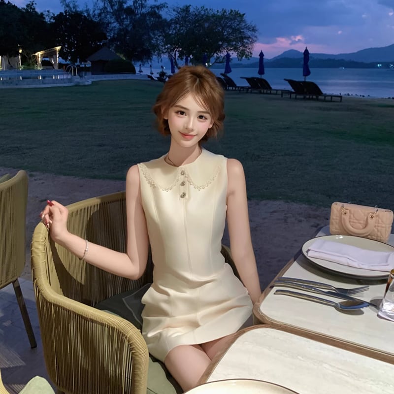 【dress】バックリボンレースドッキングミニワンピース Q8390