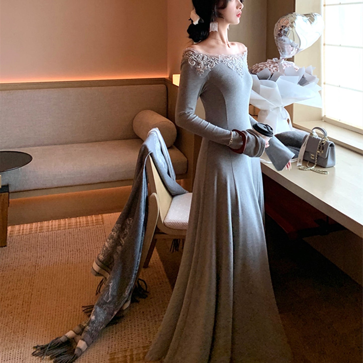 【dress】レーストリミングニットワンピース　N3448