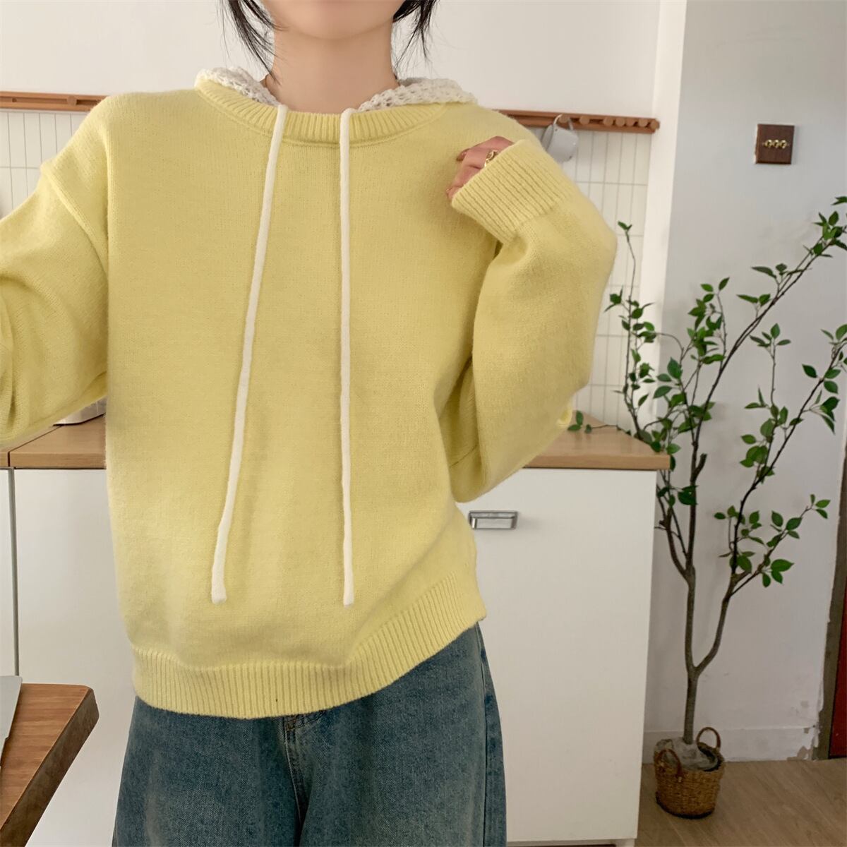 【tops】フード付きニットセーター　M28642