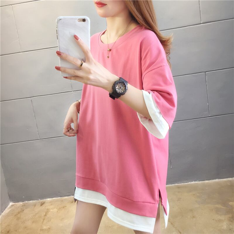 【tops】ラウンドネック半袖カジュアル偽二つ切り替え配色着まわしTシャツ