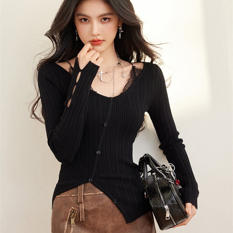 【tops】レース切り替えニットトップス　M28696
