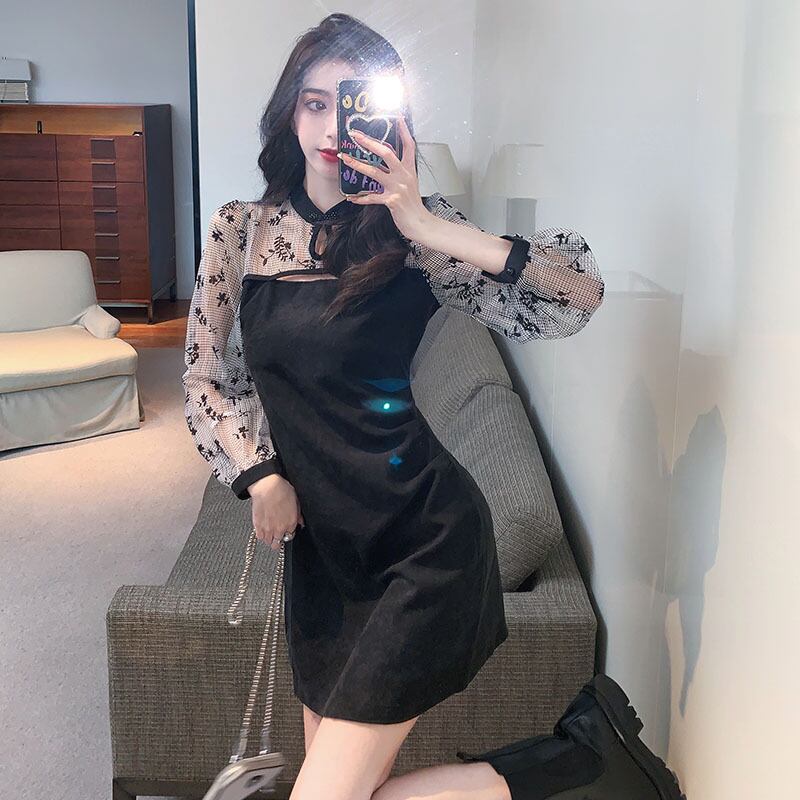 【dress】韓流スタイル!気質満点秋冬スタンドネックデザイン切り替えワンピース G2066