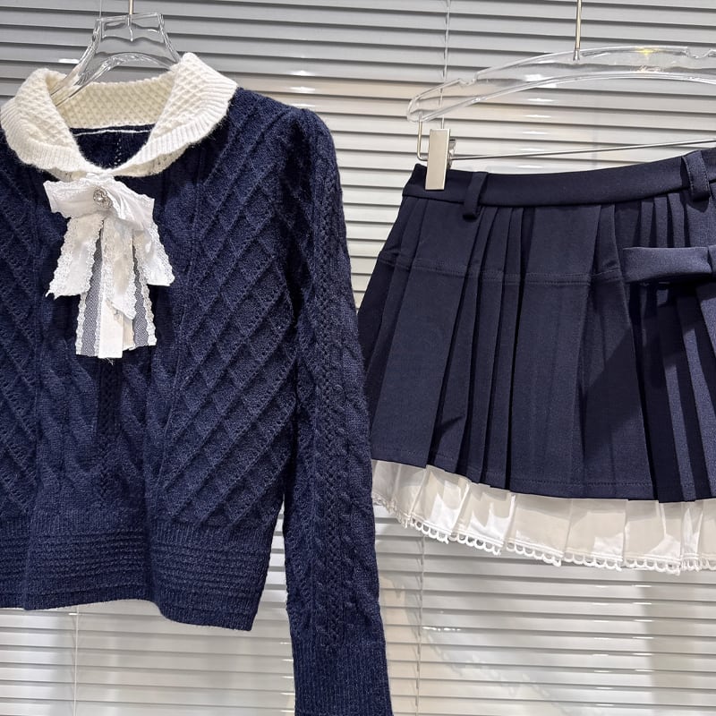 【set】リボン付きニットトップス×プリーツスカートセット Q7370