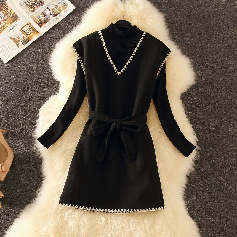 【set】好感度UP!気質満点レトロ長袖セーター+オシャレベストエレガント２点セット G3815