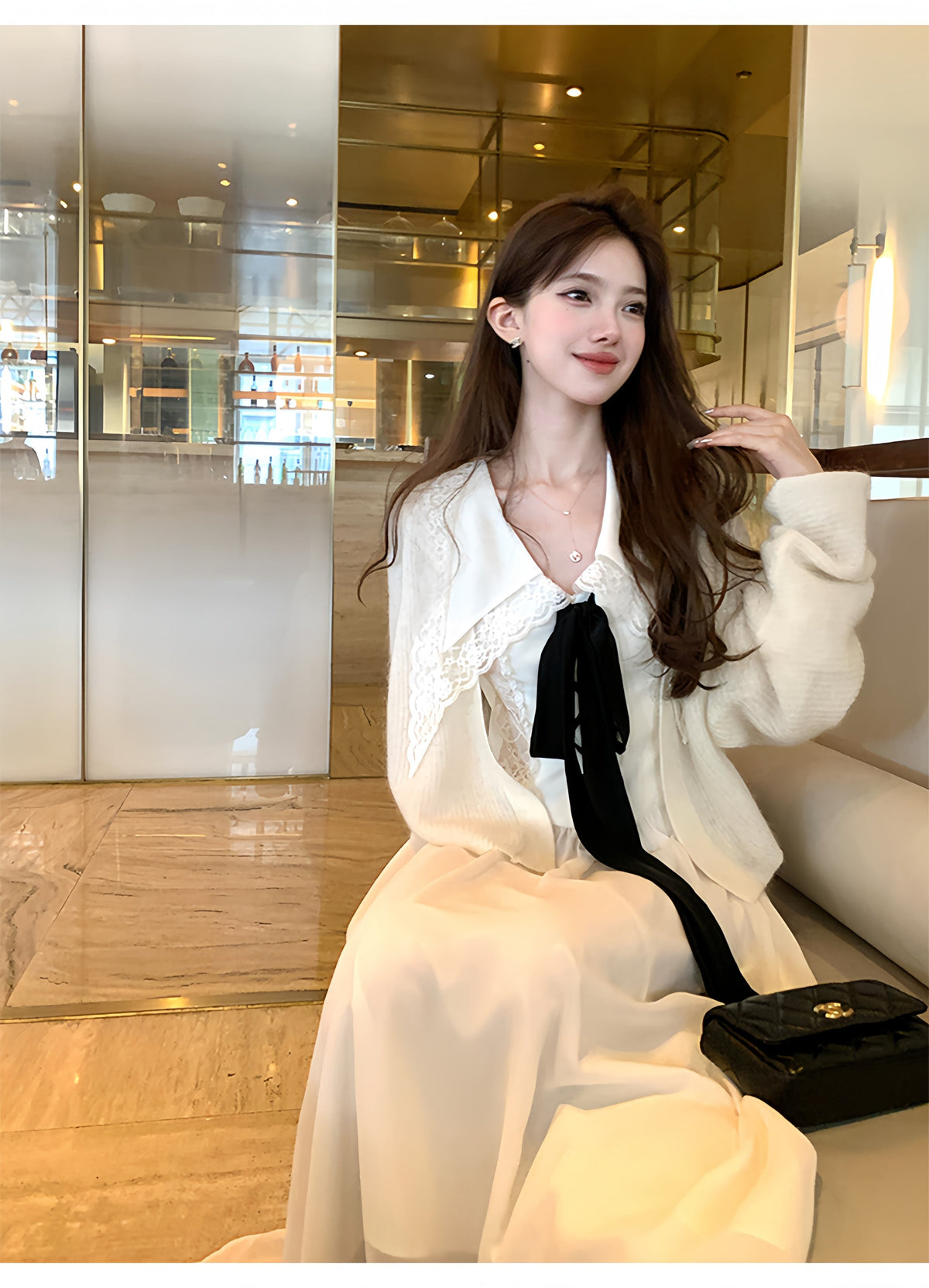 【dress】ビッグリボンレースドッキングロングワンピース　N3316