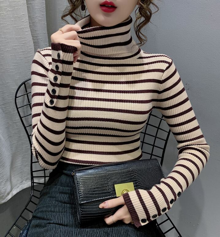 【tops】一目惚れ！4色ハイネック長袖体型カバーボーダー柄ファッションニットセーターF1046