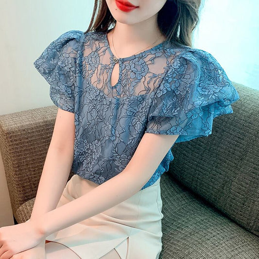 【tops】透かし彫りレースブラウスG21385