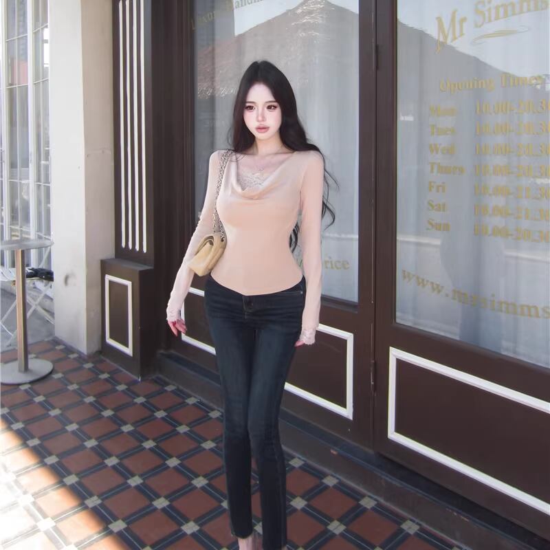 【tops】レースドッキングドレープドネックトップス Q8447