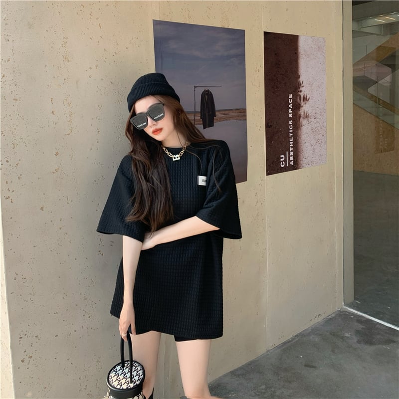 【tops】韓国ファッションINS風2色ラウンドネック半袖ゆったり着回しTシャツF0379