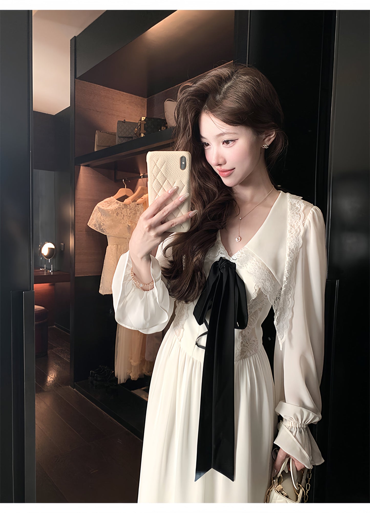 【dress】ビッグリボンレースドッキングロングワンピース　N3316