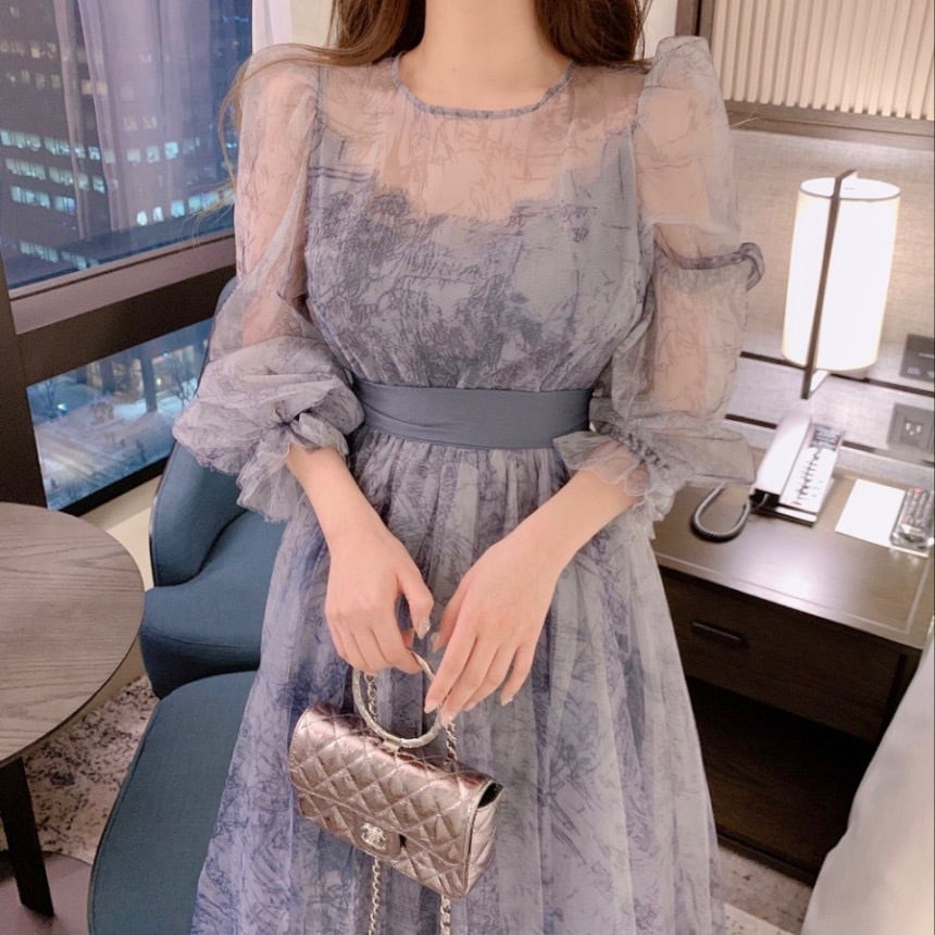 【dress】パフスリーブチュールワンピース　M30144