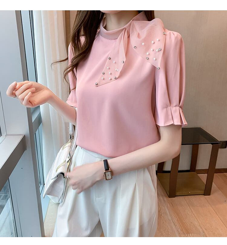 【tops】美人度アップ!スウィートリボンルーズシフォンパフスリーブフランス風シャツ G6683