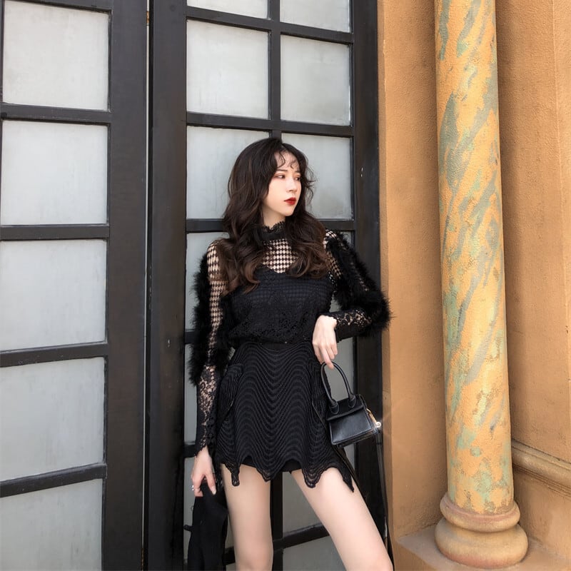 【set】カットワークレーストップス×キュロットスカートセット    N2720