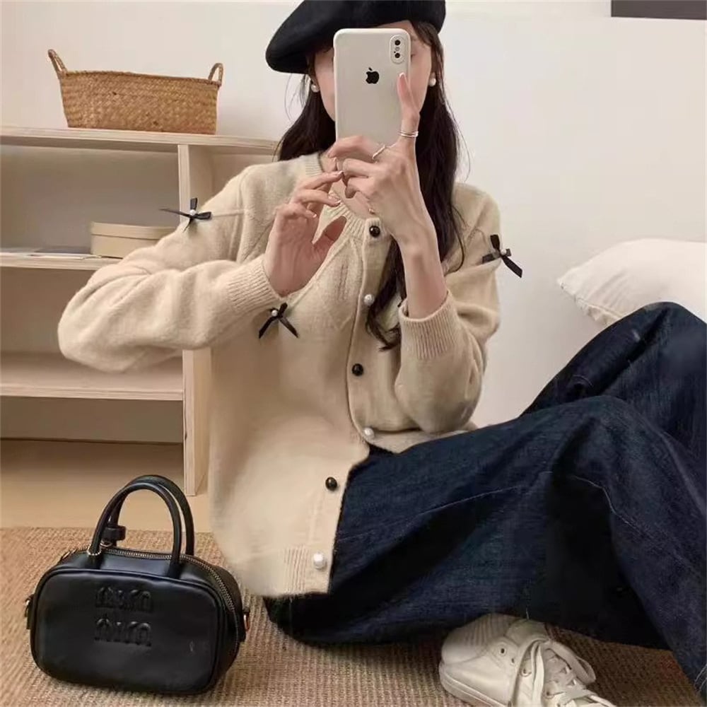 【outer】リボン付きニットカーデ　M25988